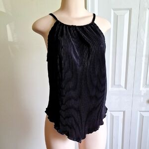 Black Pleated Halter Neck Camisole Lettuce Edge Top Minimalist Style Size Medium